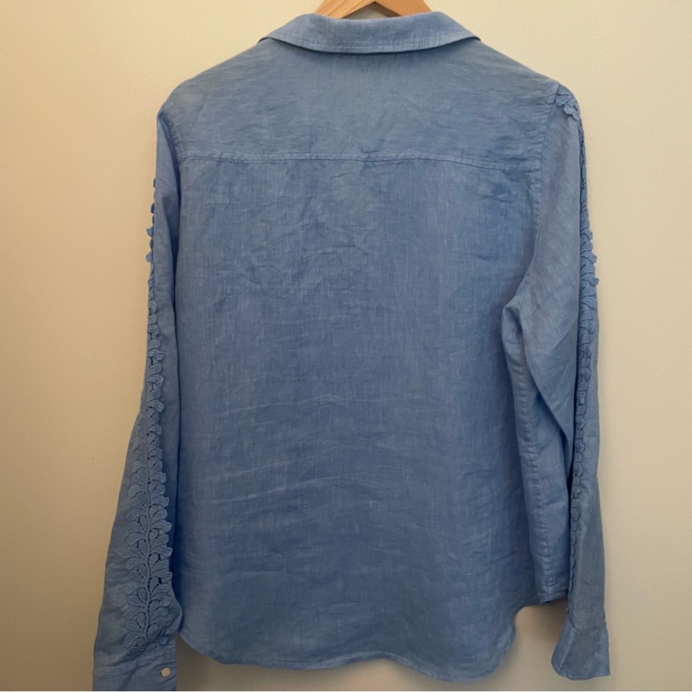 Lilly Pulitzer Blue Linen Long Sleeve Button Down Shirt Crochet Trim Size XL - Picture 3 of 8